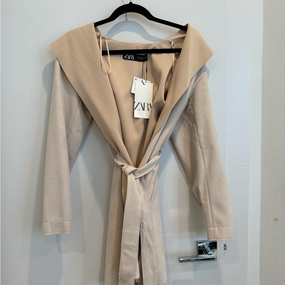 Zara Women's Beige Suedette Hooded Coat